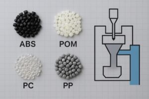Material selection for plastic parts cover image showing ABS, POM, PC, and PP samples with an injection mold diagram