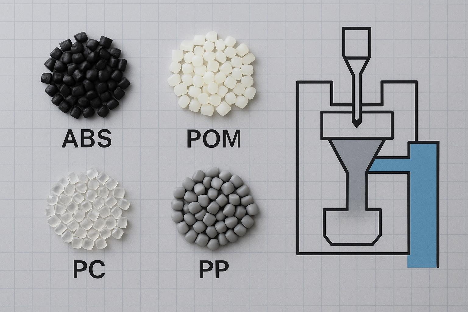 Material selection for plastic parts cover image showing ABS, POM, PC, and PP samples with an injection mold diagram