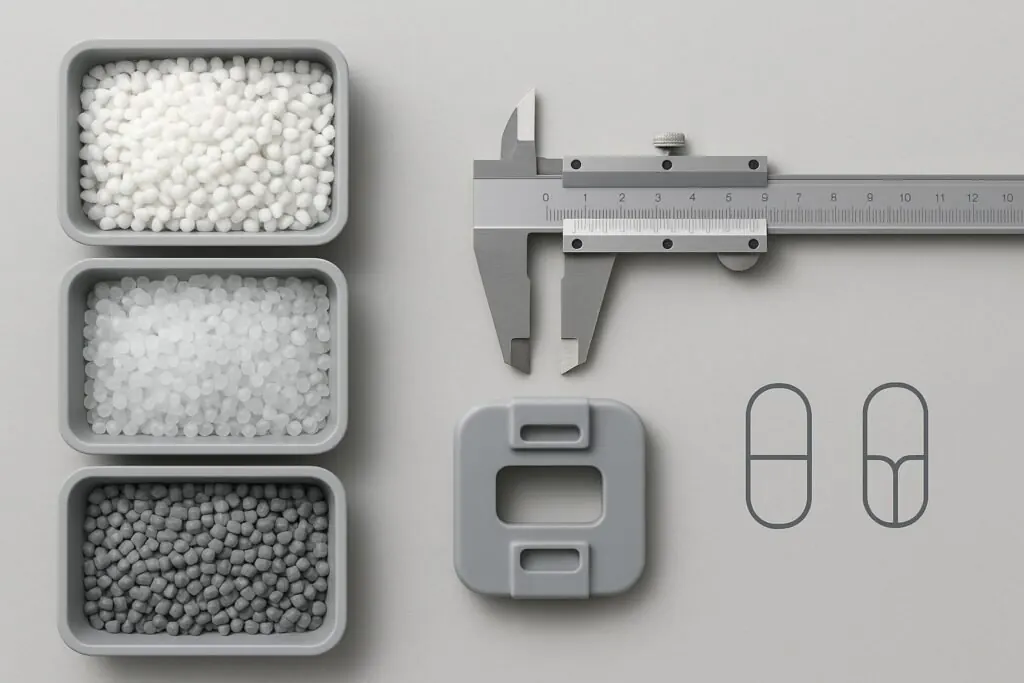 Injection molding materials cover image showing resin pellets and a caliper measuring a molded part