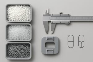 Injection molding materials cover image showing resin pellets and a caliper measuring a molded part