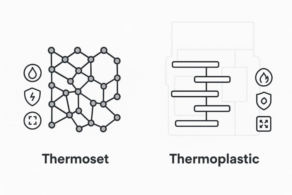 Thermoset plastics vs thermoplastics shown as crosslinked and linear polymer structures