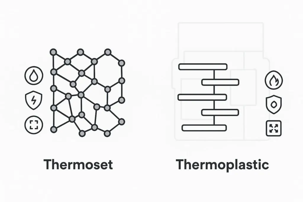 Thermoset plastics vs thermoplastics shown as crosslinked and linear polymer structures