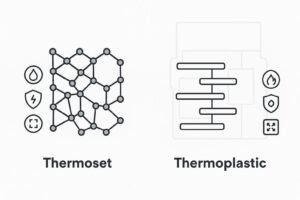 Thermoset plastics vs thermoplastics shown as crosslinked and linear polymer structures