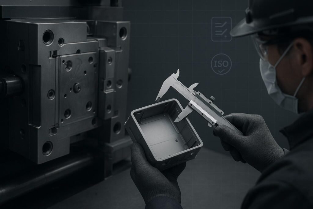 Injection molding machine and inspection of an industrial enclosure component