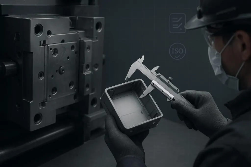Injection molding machine and inspection of an industrial enclosure component