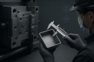 Injection molding machine and inspection of an industrial enclosure component
