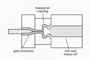 Technical schematic of injection molding short shot (incomplete fill) mechanisms.