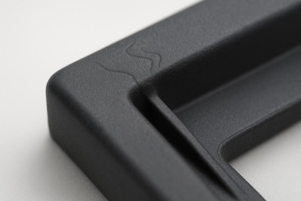 Macro photo showing jetting marks near a gate and flash along a parting line on an injection-molded part