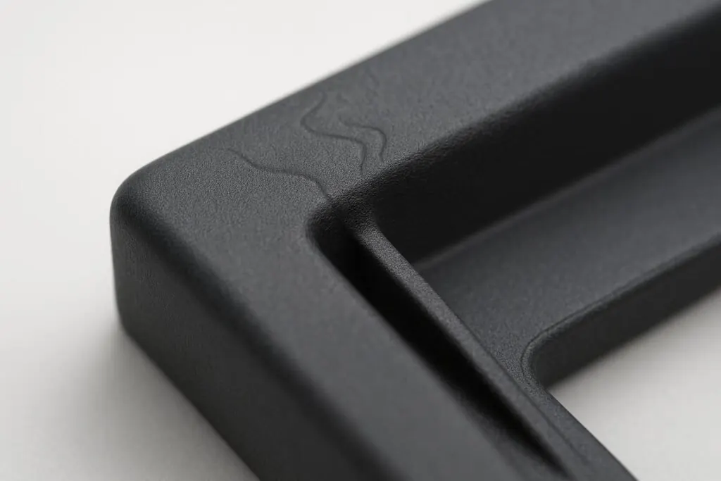 Macro photo showing jetting marks near a gate and flash along a parting line on an injection-molded part