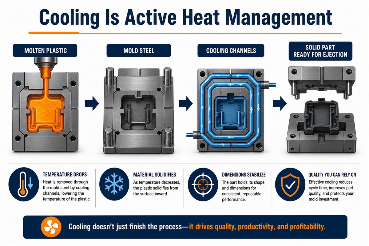 Heat management flow from molten plastic through mold steel and cooling channels to a solid part