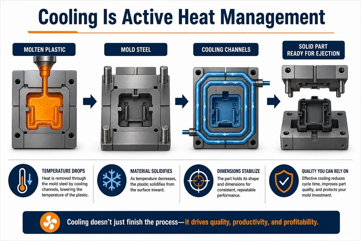 Heat management flow from molten plastic through mold steel and cooling channels to a solid part