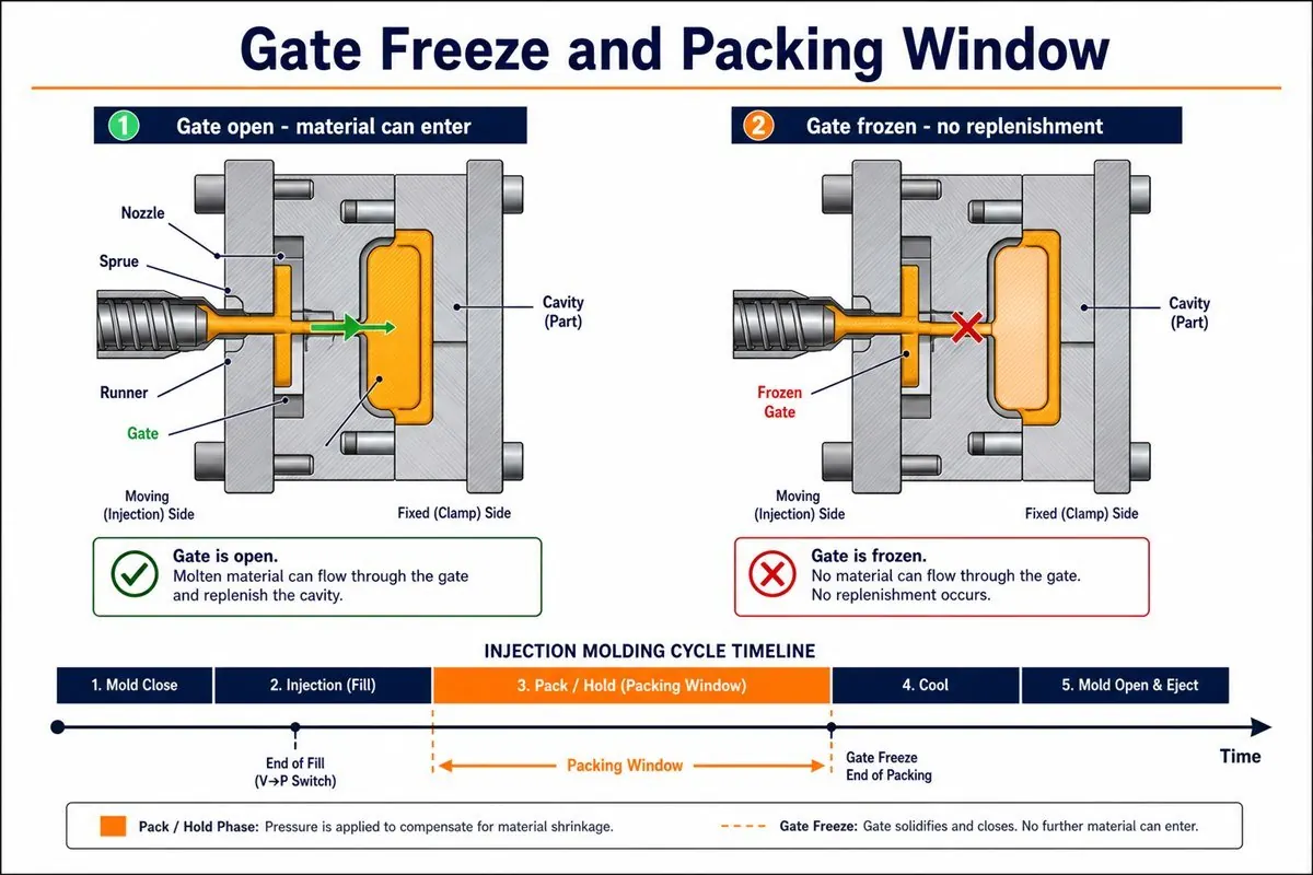 Packing Pressure in Injection Molding: Why Pack/Hold Matters After Fill 3 Gate Freeze and Packing Pressure Window