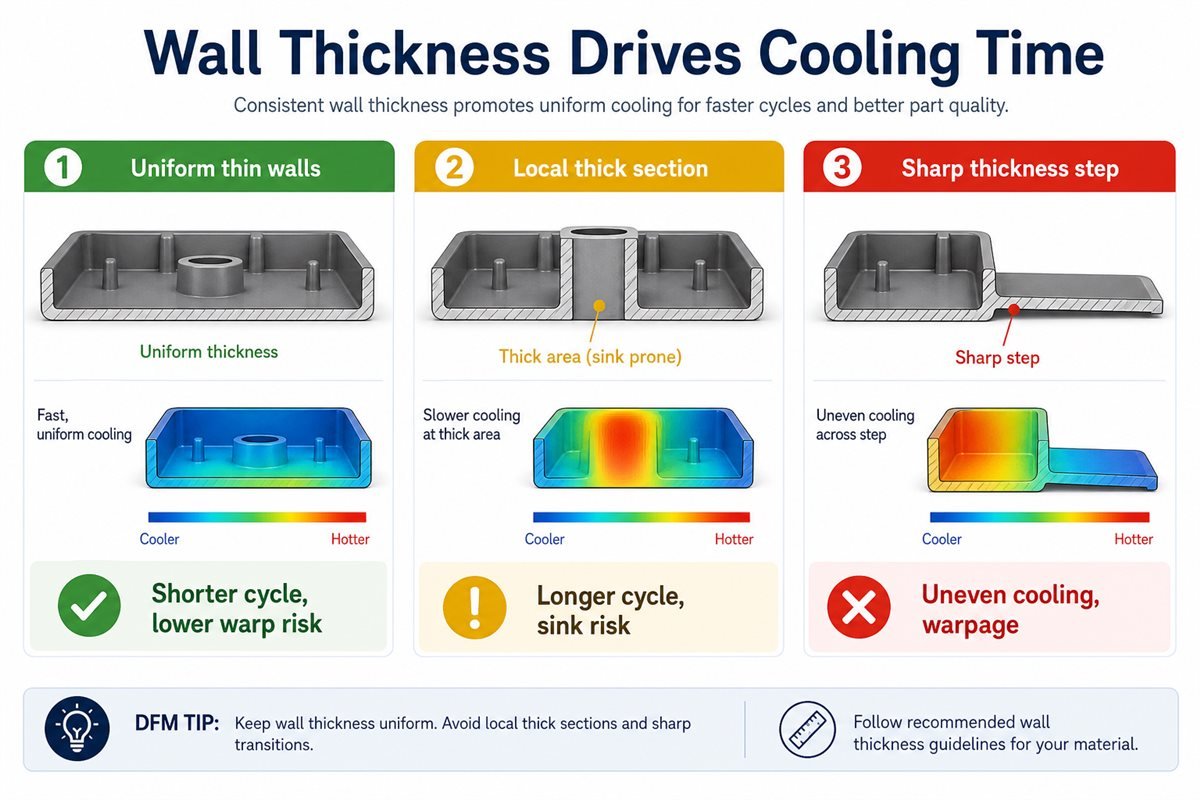 Comparison of uniform thin walls, local thick sections, and sharp thickness transitions in injection molding