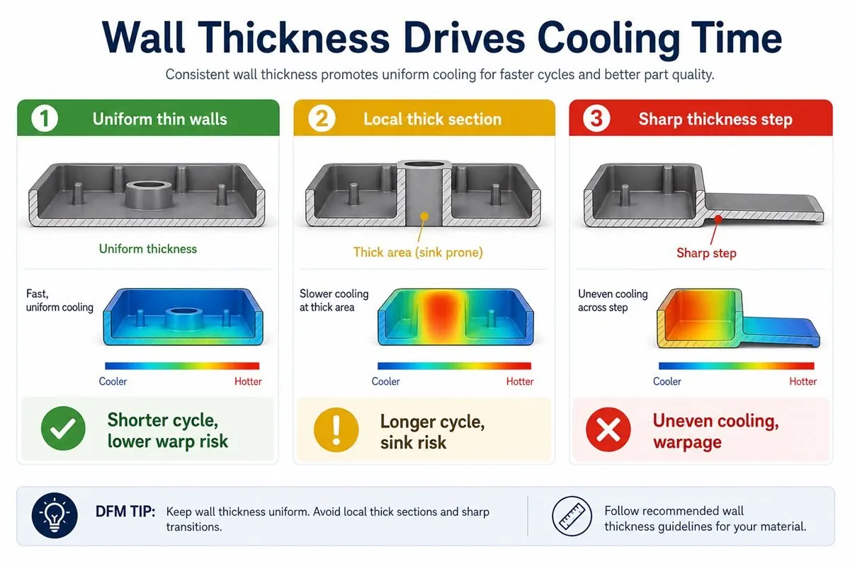 Comparison of uniform thin walls, local thick sections, and sharp thickness transitions in injection molding