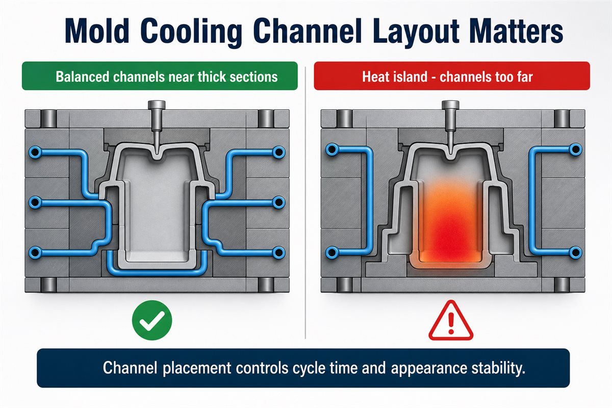 Balanced mold cooling channels versus heat islands caused by channels placed too far from thick sections