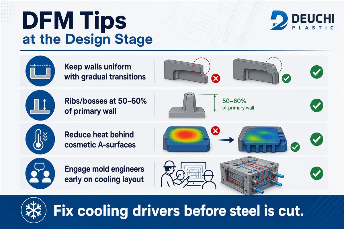 DFM checklist for injection molding cooling and wall thickness at the design stage