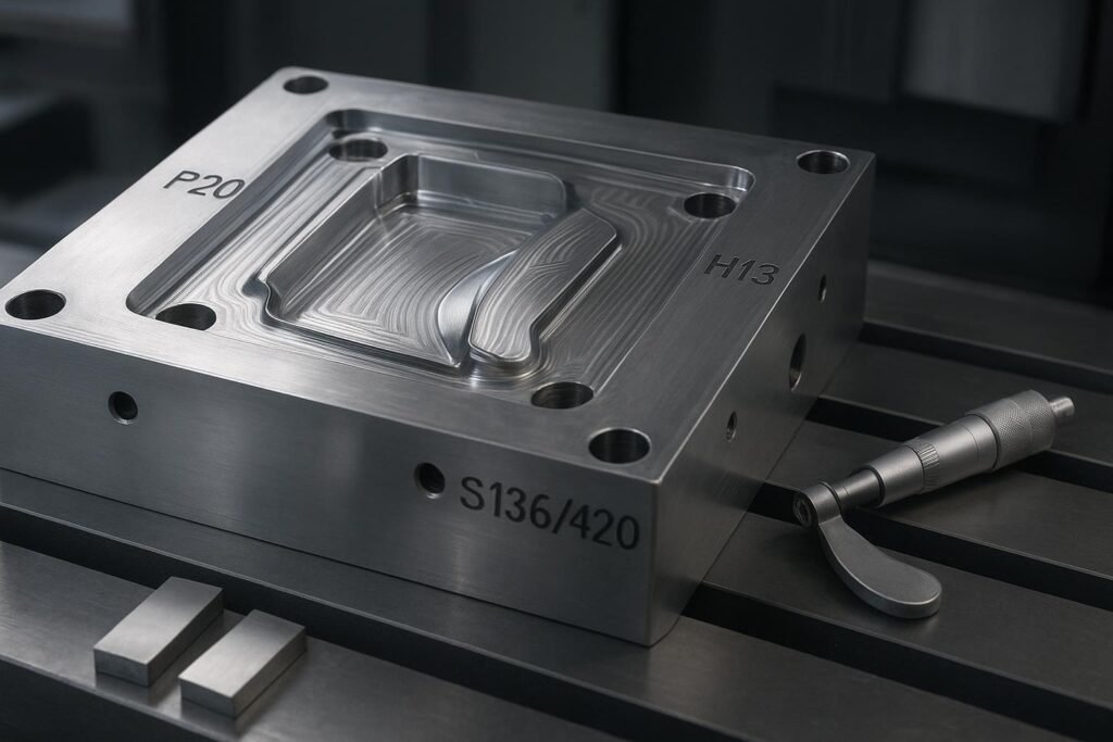 High-precision injection mold with labeled tool steel grades and CNC finishing paths