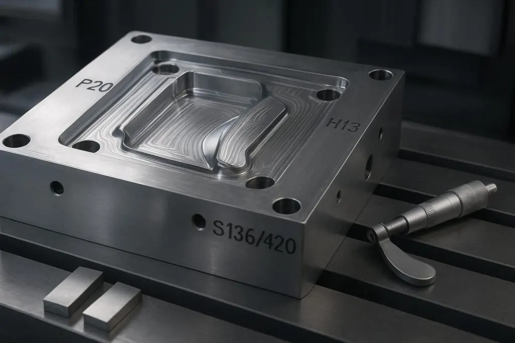 High-precision injection mold with labeled tool steel grades and CNC finishing paths