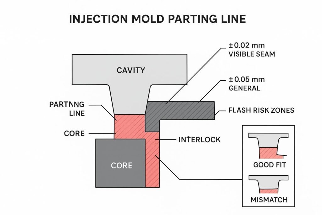 Annotated technical diagram of parting-line fit and tolerance stack with Ra callouts and flash risk zones