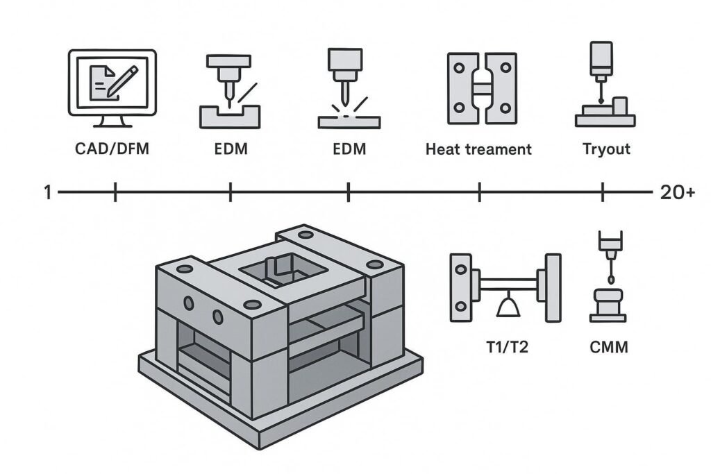 Injection mold lead time: why 20+ days is normal (and what a “7-day mold” usually means) 1 Injection mold lead time timeline showing CAD, machining, assembly, tryout, and inspection steps