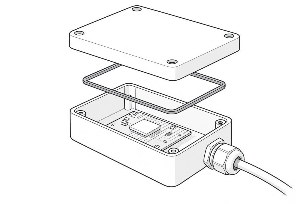 Custom plastic electronic enclosure for industrial control and sensors with gasket sealing, EMI shielding layer, and thermal path