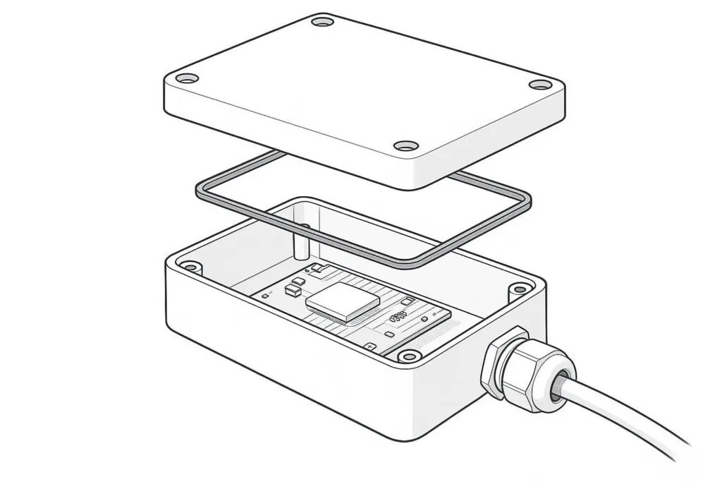 Custom plastic electronic enclosure for industrial control and sensors with gasket sealing, EMI shielding layer, and thermal path