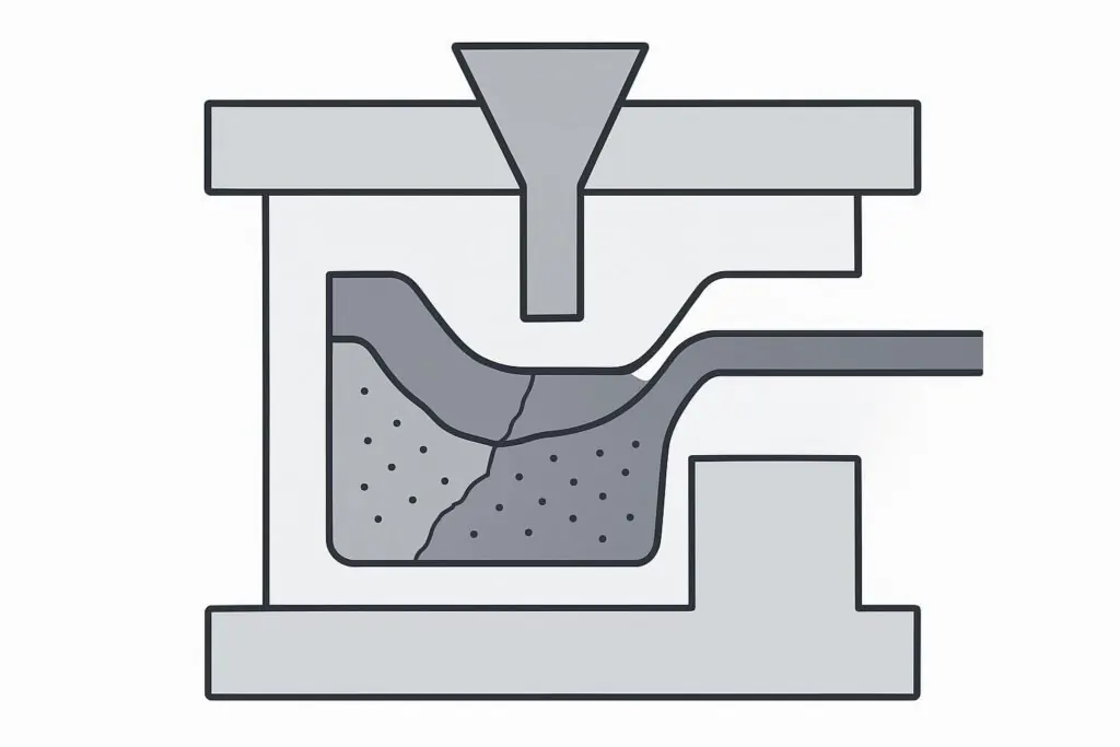 Diagram-style illustration of cracking and pinholes in a BMC injection molded part.