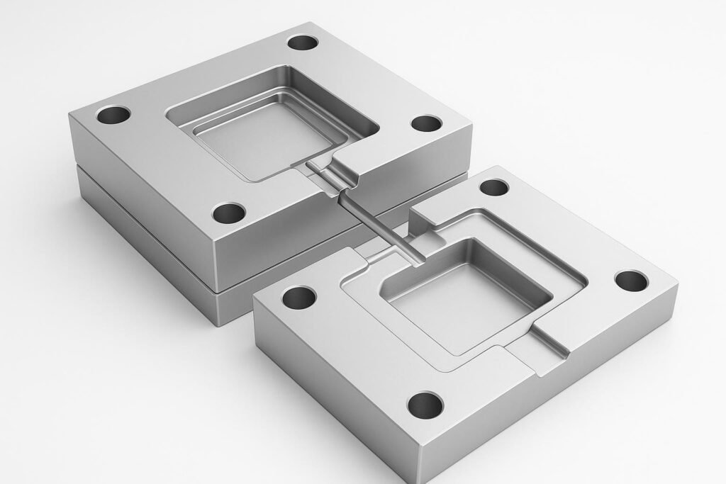 Plastic mold injection: mold design basics for an RFQ-ready tool 1 3D CAD render of an injection mold showing gate, vent grooves, and drafted walls