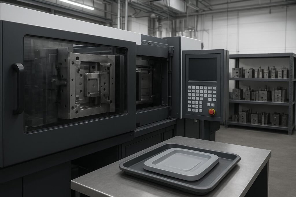 Plastic injection molding machine producing a molded part in a modern factory