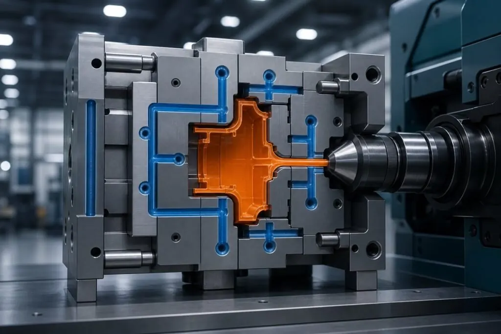 Injection mold cooling channels and molded part temperature control affecting cycle time efficiency