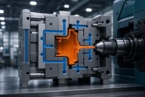 Injection mold cooling channels and molded part temperature control affecting cycle time efficiency