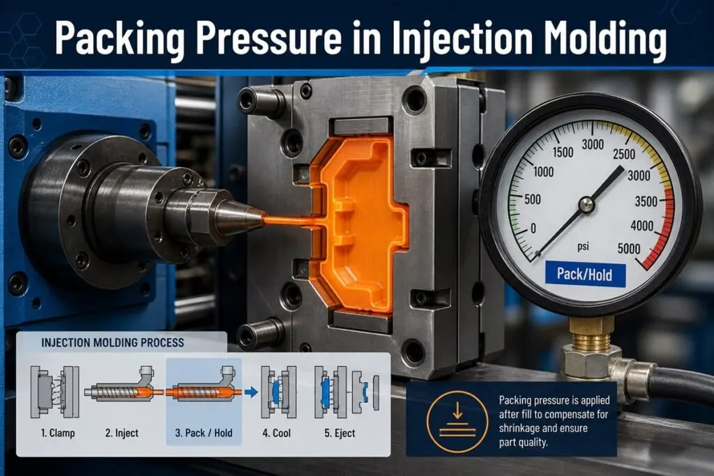 Injection molding machine pack and hold phase with process monitoring for shrinkage compensation