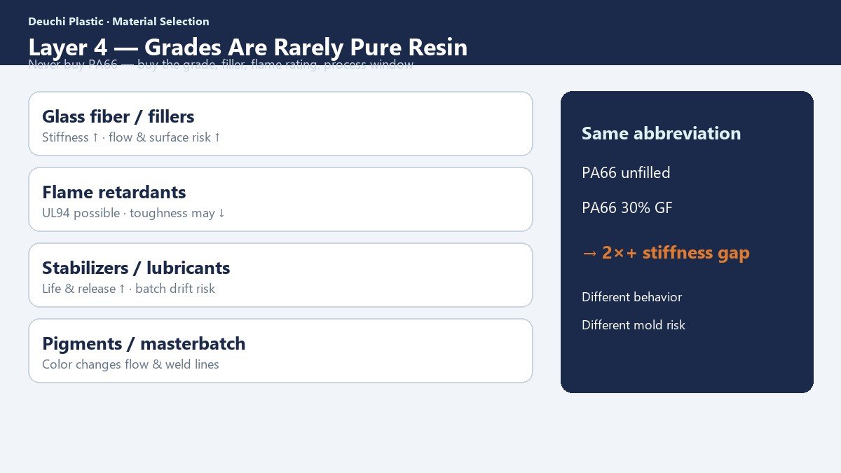 Glass fiber filled and modified resin grades