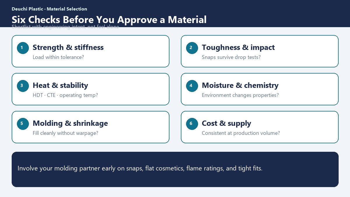 Six engineering checks before approving an injection molding material