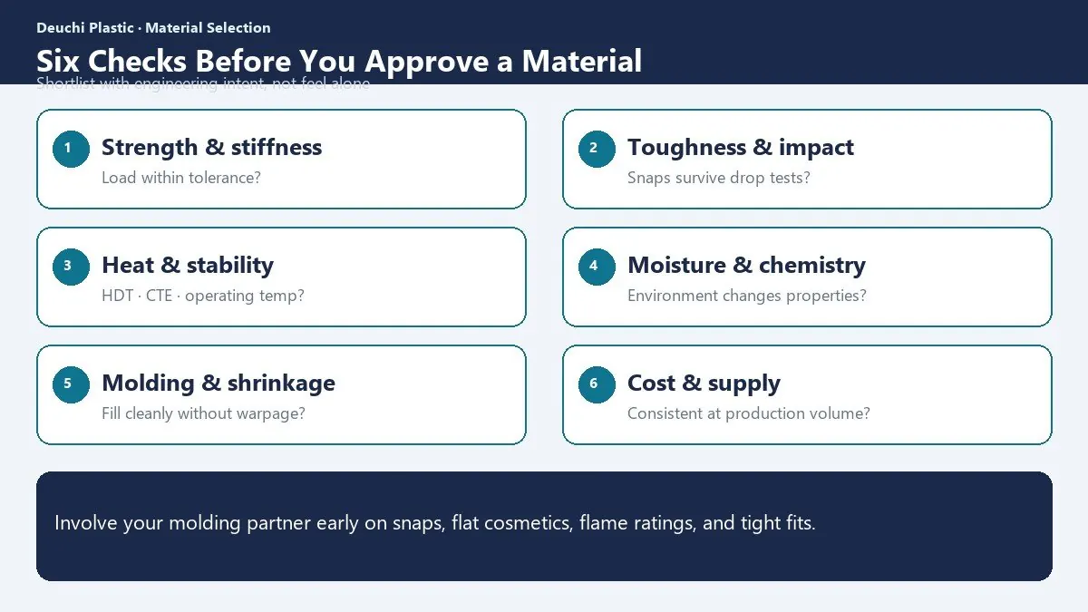 Injection Molding Material Classification: Why Hard and Soft Are Not Enough 7 Six engineering checks before approving an injection molding material