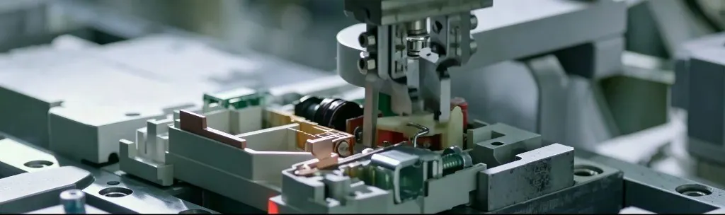 Automatic assembly station placing parts into an injection molded fuse housing